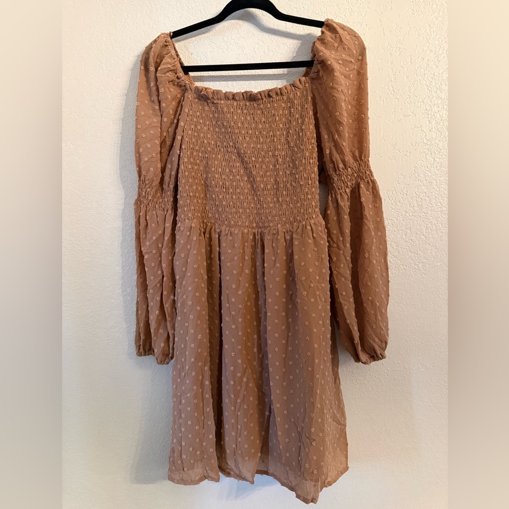 Promesa Smocked Swiss Dot Babydoll Mini Dress Puff Sleeve Boho Large